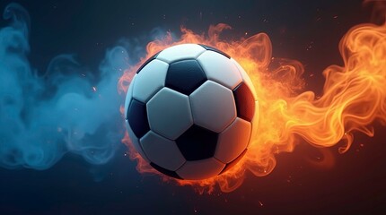Vibrant soccer ball centered in a swirl of red and blue smoke, creating a dynamic and energetic atmosphere.