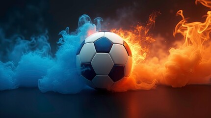 Vibrant soccer ball centered in a swirl of red and blue smoke, creating a dynamic and energetic atmosphere.
