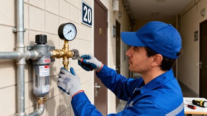 Service worker inspects and calibrates water pressure regulator in urban apartment complex to balance high and low flow demands for tenants