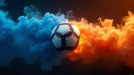 Vibrant soccer ball centered in a swirl of red and blue smoke, creating a dynamic and energetic atmosphere.
