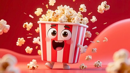 Cute animated popcorn character inside a classic red and white striped popcorn bucket with big expressive cartoon eyes and a wide open excited mouth.
