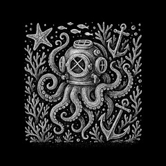 Fototapeta premium Octopus wearing vintage diver helmet underwater drawing