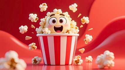 Cute animated popcorn character inside a classic red and white striped popcorn bucket with big expressive cartoon eyes and a wide open excited mouth.