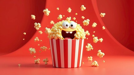 Cute animated popcorn character inside a classic red and white striped popcorn bucket with big expressive cartoon eyes and a wide open excited mouth.