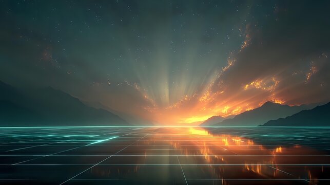 Dramatic sunset over calm lake with light rays breaking through clouds, mountain silhouettes and glowing reflections on water surface.