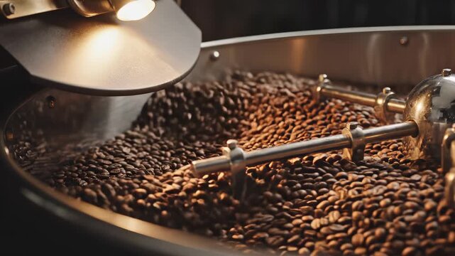 Roasted coffee bean processing in a roaster with mixing arms, with light showing the coffee beans changing
