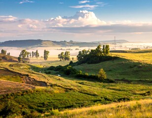 Sunrise over rolling hills and misty valley