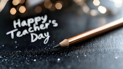 Wooden pencil on dark textured surface with Happy Teacher's Day message and warm bokeh lights creating celebratory educational atmosphere for greeting cards.
