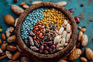 Naklejka premium Colorful assortment of legumes and beans in rustic wooden bowl on turquoise background, showcasing diverse plant-based protein sources for healthy cooking.