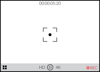 Camera Viewfinder Recording Screen Overlay. Focus Center and Timer Interface. Video Camera Viewfinder Frame. Camera Display Full HD Format. Digital camera, camcorder, surveillance recording system.