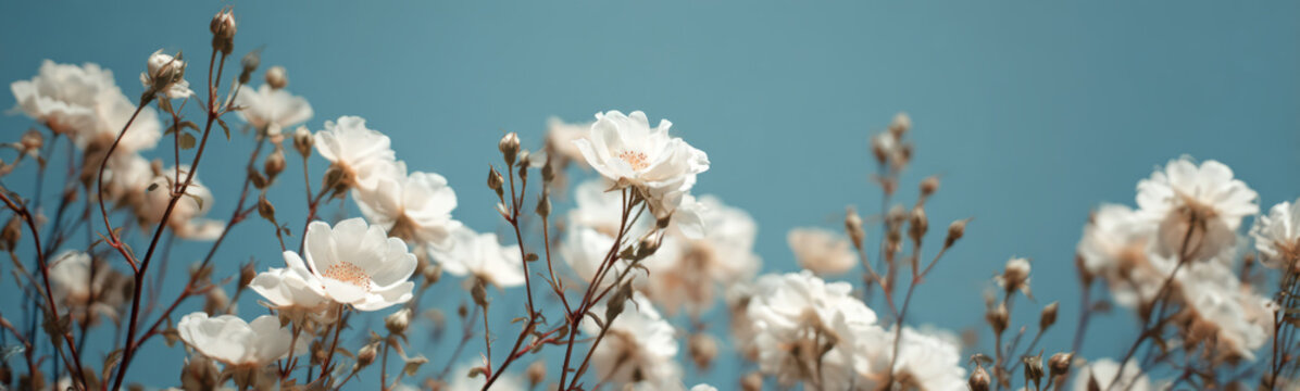 White wild roses blue sky background delicate flowers serene