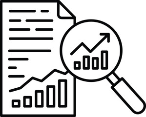 Business analytics icon, data report with magnifying glass, growth chart analysis, financial insights symbol, minimalist line style vector illustration