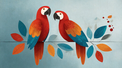Obraz premium Colorful parrots perched on branch with vibrant leaves, showcasing playful and tropical atmosphere in flat design style. illustration features red, orange, and blue hues