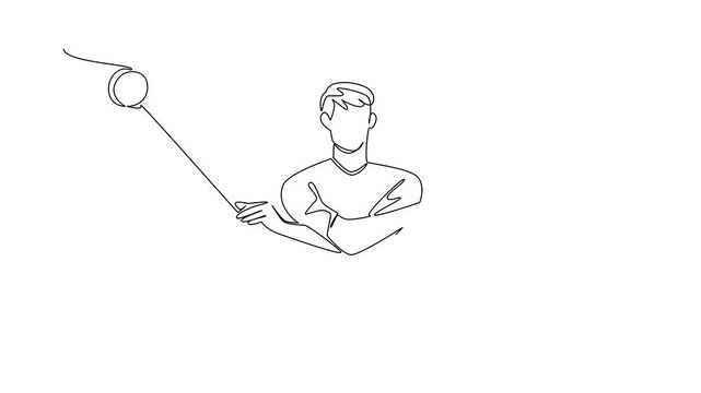 Self drawing animation of a continuous line drawing of a young man performing a yo-yo cross trick, symbolizing creativity and skill. This artistic business National Yo Yo Day Full length animated