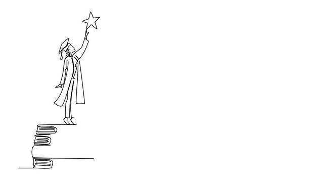 Animated self drawing of an inspiring one line drawing of a graduate woman in cap and gown standing on stacked books and reaching for a star for National Higher Education Day. Full length animation