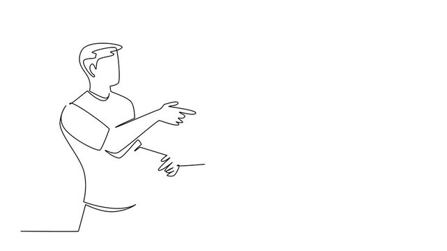 Animated self drawing of a continuous line drawing of a young man performing a yo-yo trick, side view, and creativity in a minimalist style, highlighting National Yo-Yo Day. Full length animation