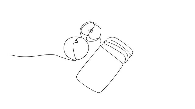 Self drawing animation of a creative single line draw illustration of apples and a jar of applesauce on a plate, celebrating National Applesauce Cake Day with a food concept. Full length animated - Powered by Adobe