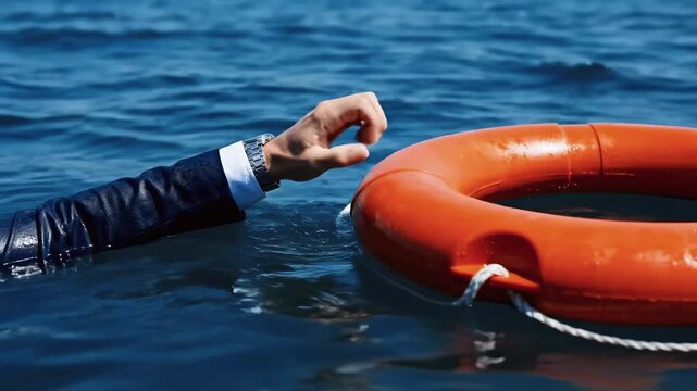 Businessman hand reaching for a lifebuoy in the ocean. Person in a suit drowning and struggling to grab a rescue ring. Concept of business crisis, bankruptcy and survival