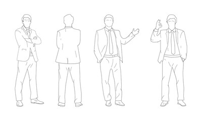 Men in CAD lines, architectural design of standing men in various positions, vector illustration with editable stroke