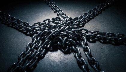 A cluster of dark heavy metal chains lying intertwined and spreading outwards on a textured industrial surface