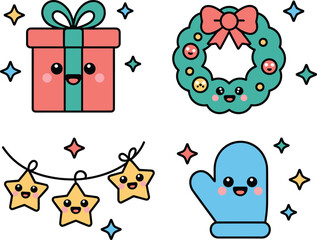 Colorful gift and celebration icons, wrapped presents, stars, candy cane, confetti, holiday party elements, festive decoration set, flat vector illustration