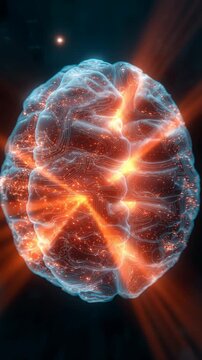 4K animation of a glowing brain with neural pathways and connections symbolizing advanced technology and artificial intelligence atmospheric lighting stunning visuals