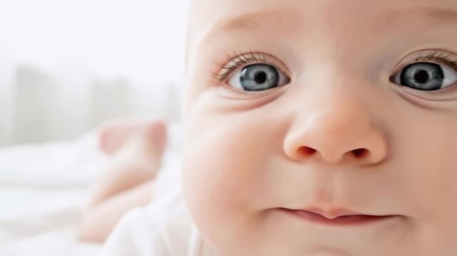Macro close-up of a cute baby face focusing on blue eyes. Infant looking at camera with an innocent expression. Childcare and parenting concept