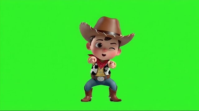 Three dimensional animated cowboy boy character turning on a green screen for chroma key