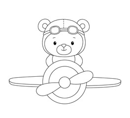 Cute bear pilot in airplane, line hand drawn illustration isolated on white background for coloring book