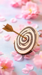 Target with arrow, surrounded by cherry blossoms