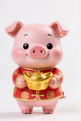 Cute chibi pig wearing festive red clothing with gold symbols of prosperity, holding a small treasure pot, glossy figurine style, isolated on pure white background.