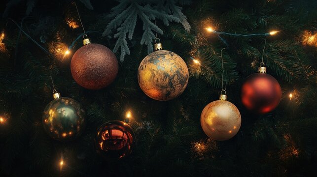 Golden and red Christmas balls on a Christmas tree. Close-up.