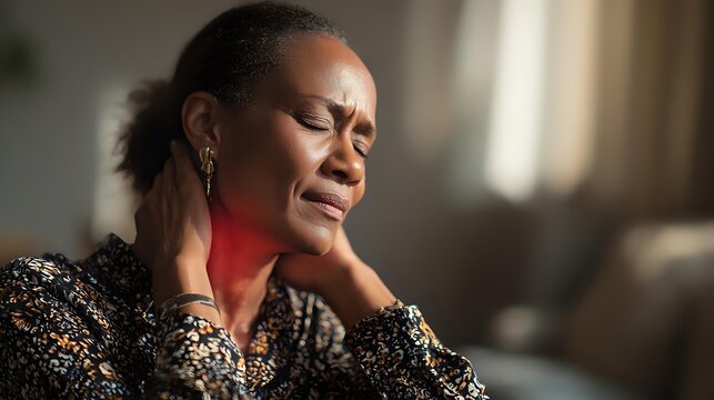 African American woman experiencing neck pain touching sore throat area in home interior setting showing discomfort and health concern symptoms.