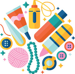 Colorful crafting supplies illustration, handmade art materials, DIY tools and accessories, creative hobby items, craft kit elements, flat design vector artwork