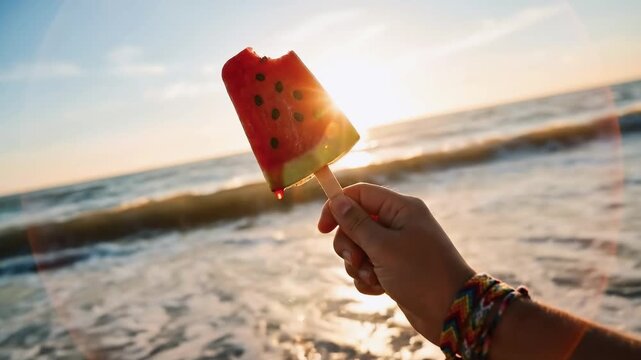 Hand holding a slice of watermelon on a stick at the beach during sunset. Fresh fruit dripping juice with ocean waves in the background. Summer vacation and refreshment concept