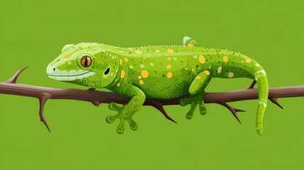 Fototapeta premium Vibrant green gecko with yellow spots is climbing branch against matching green background, showcasing its intricate patterns and textures in flat design illustration