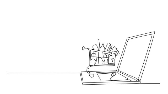 Animated self drawing of a shopping cart filled with groceries is illustrated on laptop in one line drawing style, symbolizing celebrating digital trade for Shopping Cart Day. Full length animation