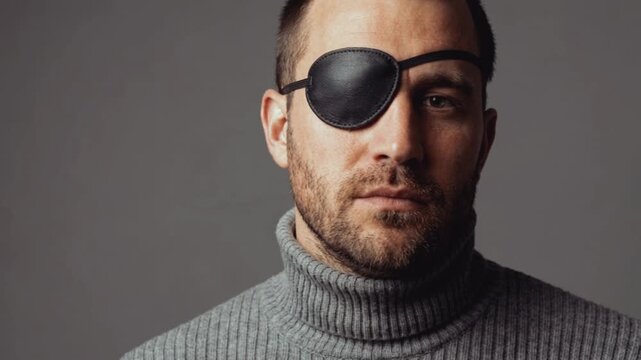 Portrait of a serious man wearing a black eye patch. Close-up of a bearded male looking at the camera with a stoic expression. Injury recovery concept