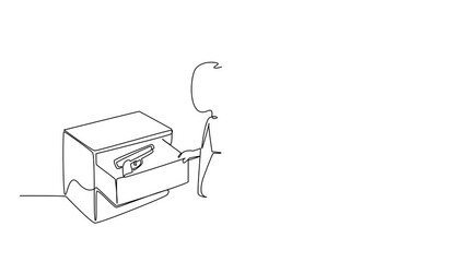 Animation of a young girl opening a drawer to discover a firearm is illustrated in continuous line drawing style. National SAFE Day, raising awareness about safe storage. Full length motion