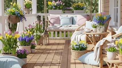A charming spring porch decorated with an abundance of colorful potted flowers, comfortable seating, and a cozy swing.