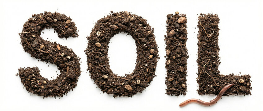 Soil word text typography made of organic mud and dirt with earthworm isolated on white