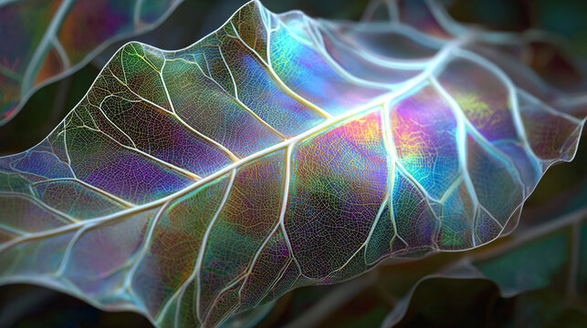 The iridescent leaf showcases intricate details