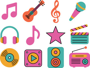 Colorful music and entertainment icons, gradient style vector set, audio symbols, musical elements, media tools, creative design collection for digital use