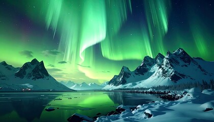 Green aurora borealis dances above snow-covered mountains reflecting in calm water under a starry night sky