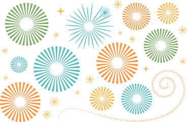 Colorful radial burst pattern illustration featuring star shapes, fireworks-inspired circles, decorative abstract elements perfect for celebrations, backgrounds, festive design themes