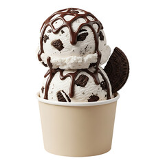 A delicious ice cream dessert with chocolate sauce and cookies in a cup isolated on a transparent background