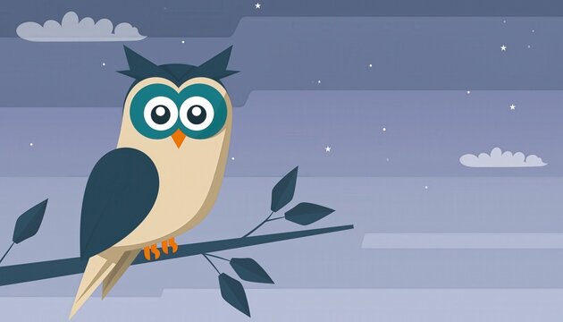 A delightful cartoon owl perching on a tree branch at night under a starry sky