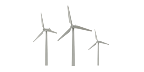 Three wind turbines of varying sizes isolated on white background