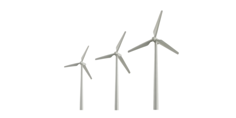 Three wind turbines of increasing size isolated on white background