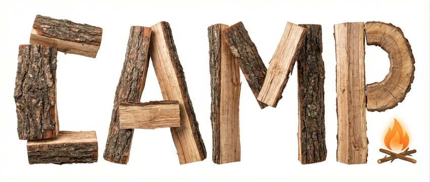 Camp word text typography made of firewood logs with bonfire flame icon